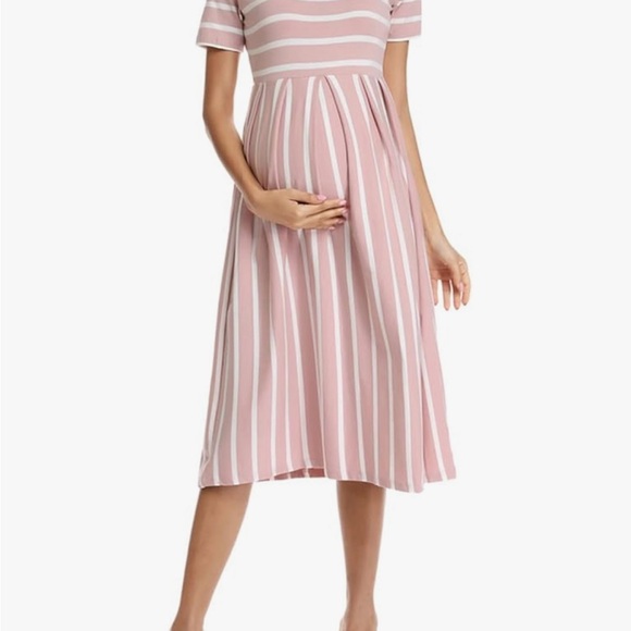 Amazon Dresses & Skirts - Amazon Women’s Pink and White Striped Maternity Midi Dress